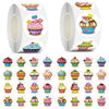 Roll of round sealing labels featuring colorful cupcakes and festive designs for weddings, parties, and gifts