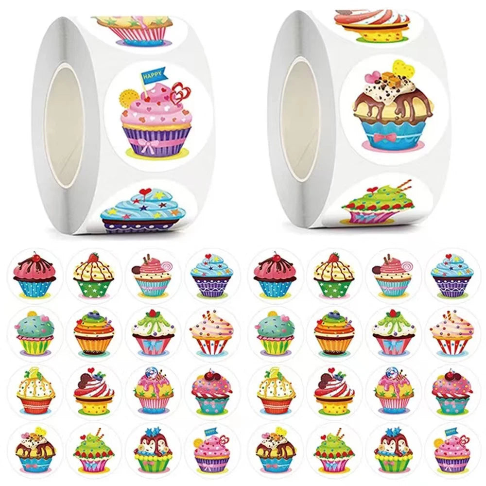 Roll of round sealing labels featuring colorful cupcakes and festive designs for weddings, parties, and gifts