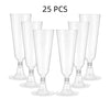 A set of 25 clear disposable champagne glasses with a gold finish displayed on a white background.
