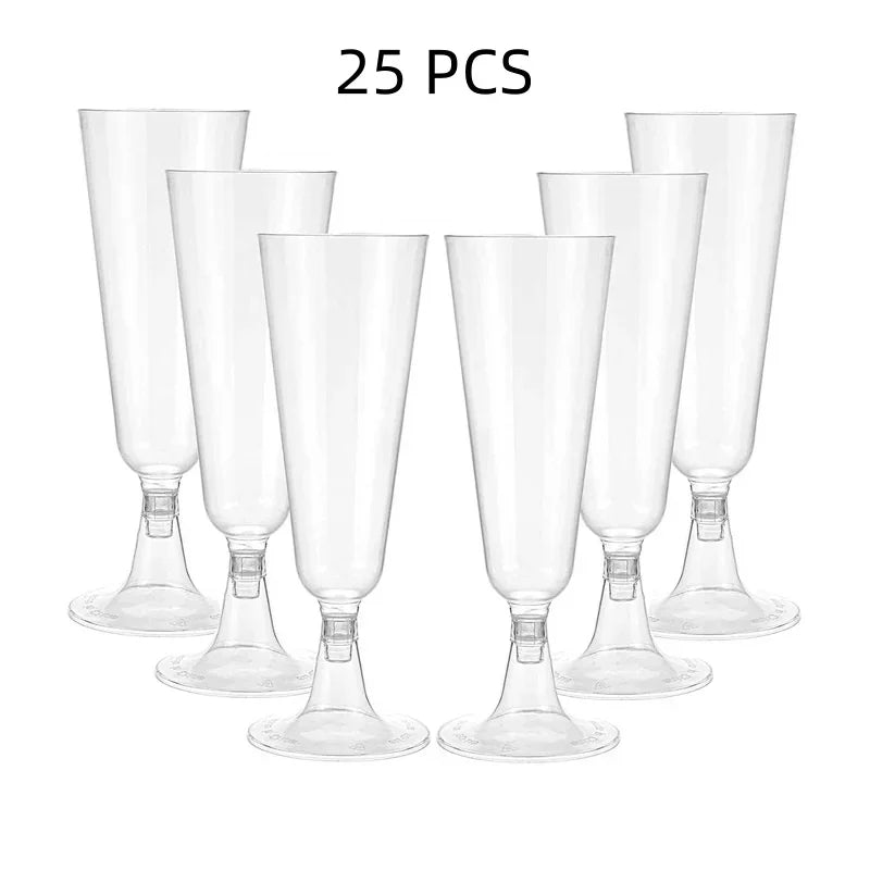 A set of 25 clear disposable champagne glasses with a gold finish displayed on a white background.