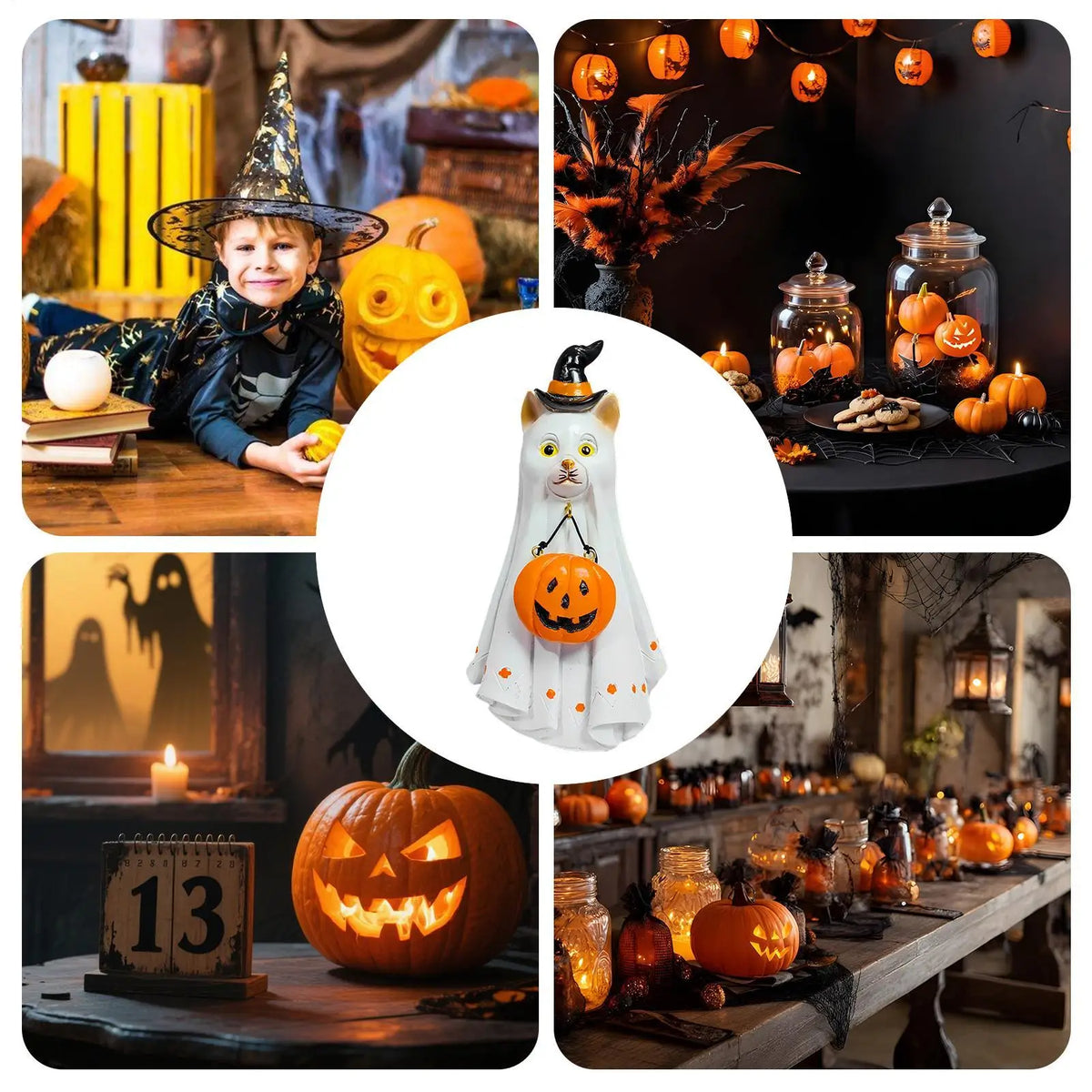 A white cat figurine with an orange pumpkin face is displayed in a Halloween decor setting.
