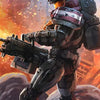 A highly detailed illustration of a Master Chief-like armored figure in sci-fi gear, standing against an orange and yellow ba