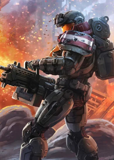 A highly detailed illustration of a Master Chief-like armored figure in sci-fi gear, standing against an orange and yellow ba