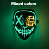 A black mask with neon green and yellow glowing lines forming an 'X' and a dollar sign on a dark background.
