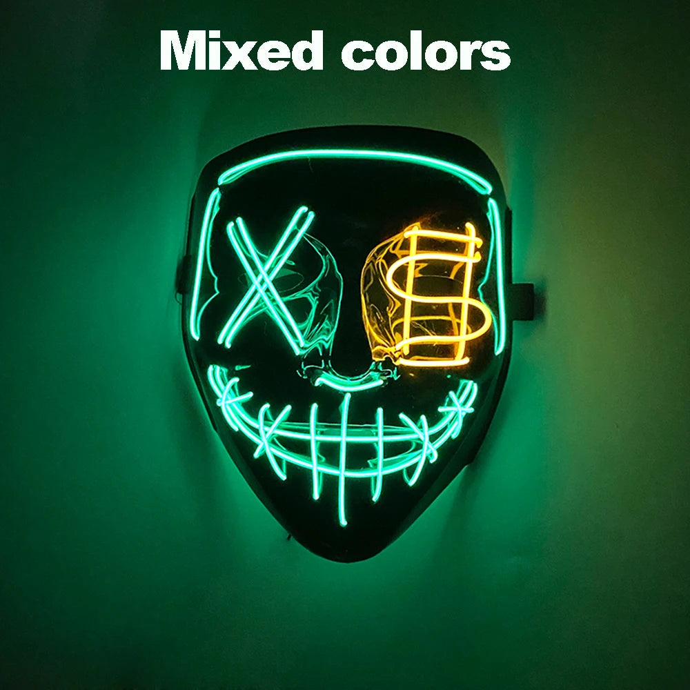 A black mask with neon green and yellow glowing lines forming an 'X' and a dollar sign on a dark background.