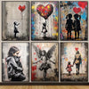 A grid of four paintings featuring Banksy style balloon girl art and figures.