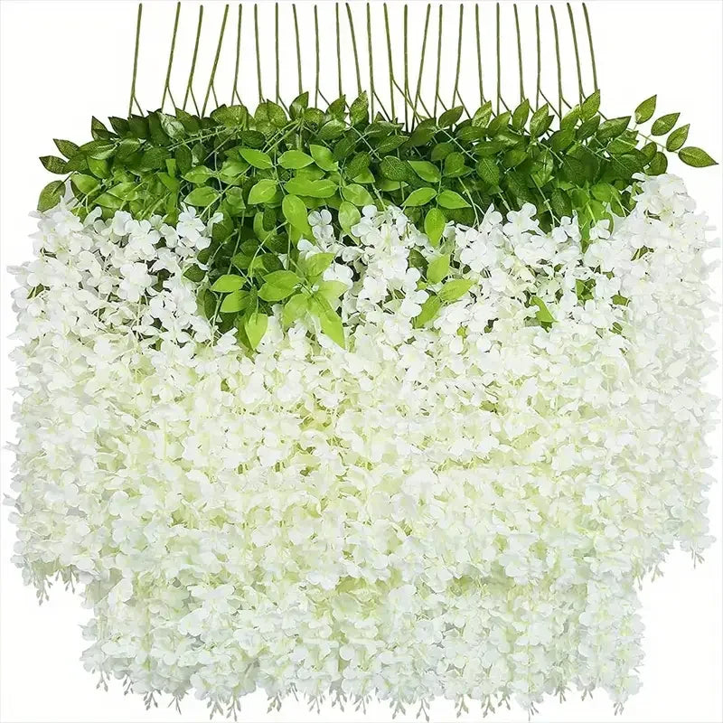 Artificial wisteria vine garland featuring green leaves and white flowers for floral decor