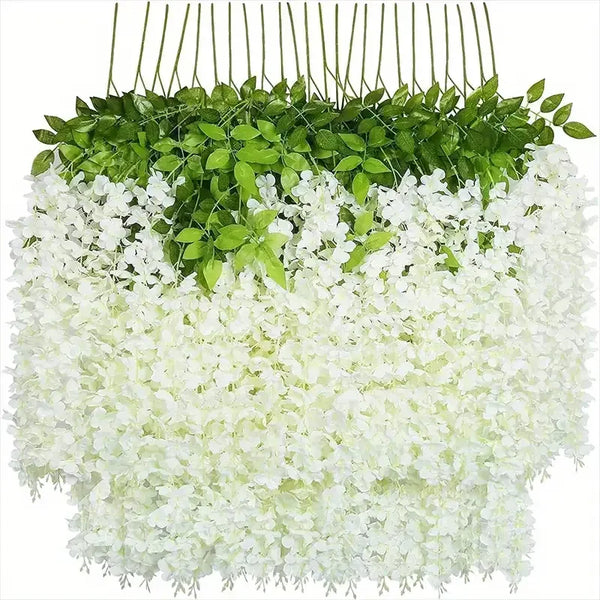 Artificial wisteria vine garland featuring green leaves and white flowers for floral decor