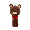 A brown plush toy resembling a bear with closed eyes and a red bow tie.