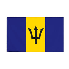 A flag design featuring a vertical tricolor of blue, yellow, and blue with a black trident symbol.