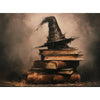 A dark, moody canvas print featuring a witch's hat silhouette resting on a stack of old books.
