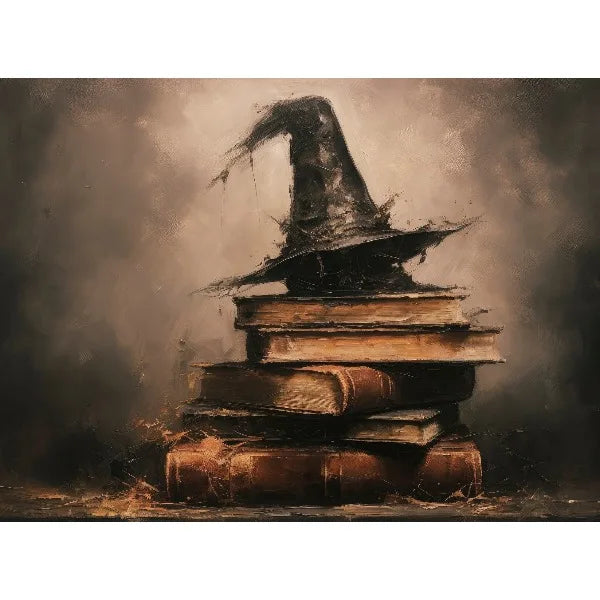 A dark, moody canvas print featuring a witch's hat silhouette resting on a stack of old books.