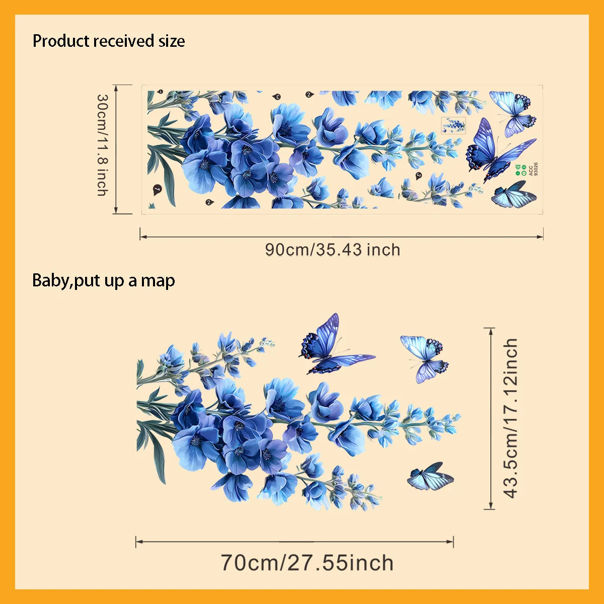 A rectangular sheet of blue flowers and butterflies used as a self-adhesive wall decal, shown in both received size and a cut