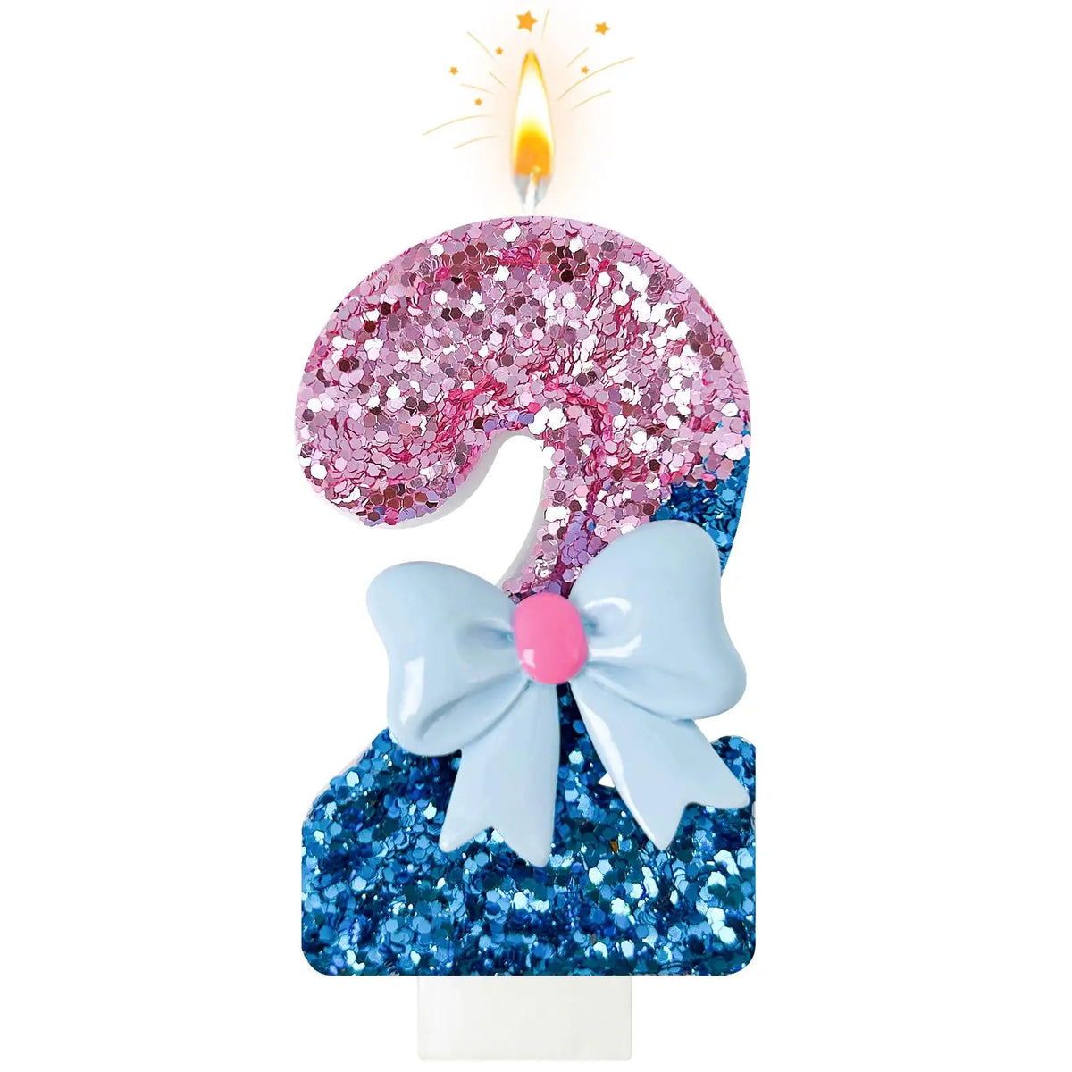 A glittery pink number 9 candle with a blue bow on a white stand, lit by a flame.