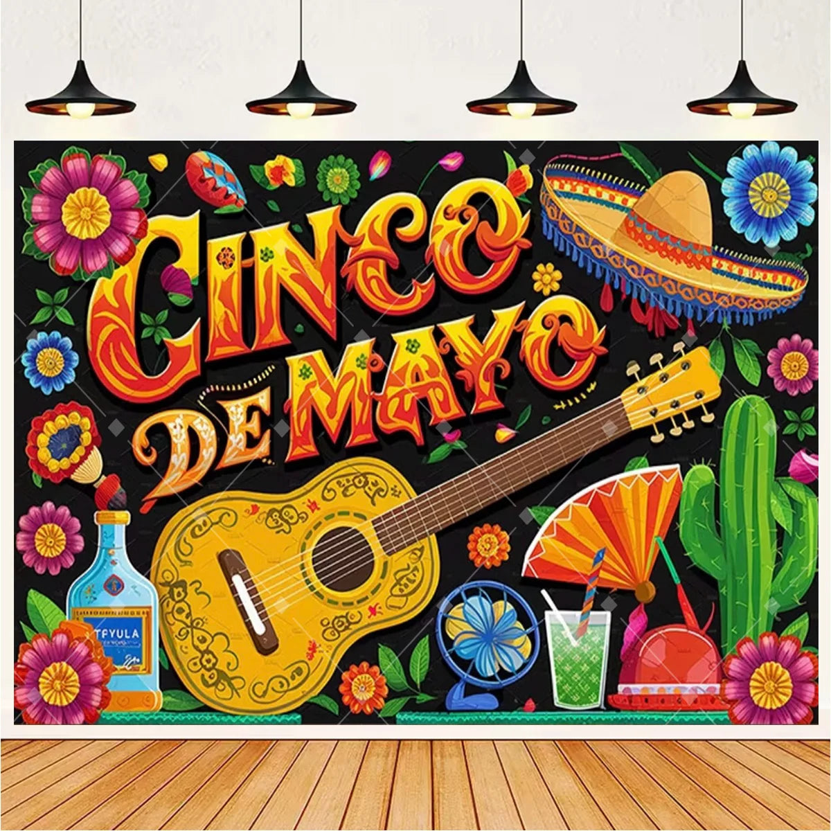 A vibrant Mexican fiesta photo backdrop featuring a guitar, sombrero, and cactus design with colorful flowers.