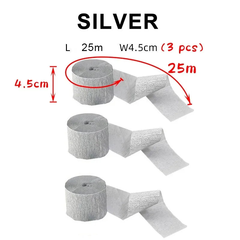 Silberne Crêpepapierschleier in einer Rolle und einzelnen Streifen, 25 Meter lang.