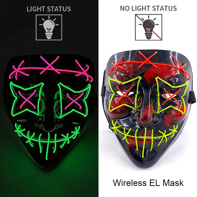 A black glowing LED mask featuring a menacing face design with various light modes, including a no-light status option.