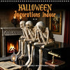 A set of realistic Halloween skeleton resin statues indoors on a black marble surface.