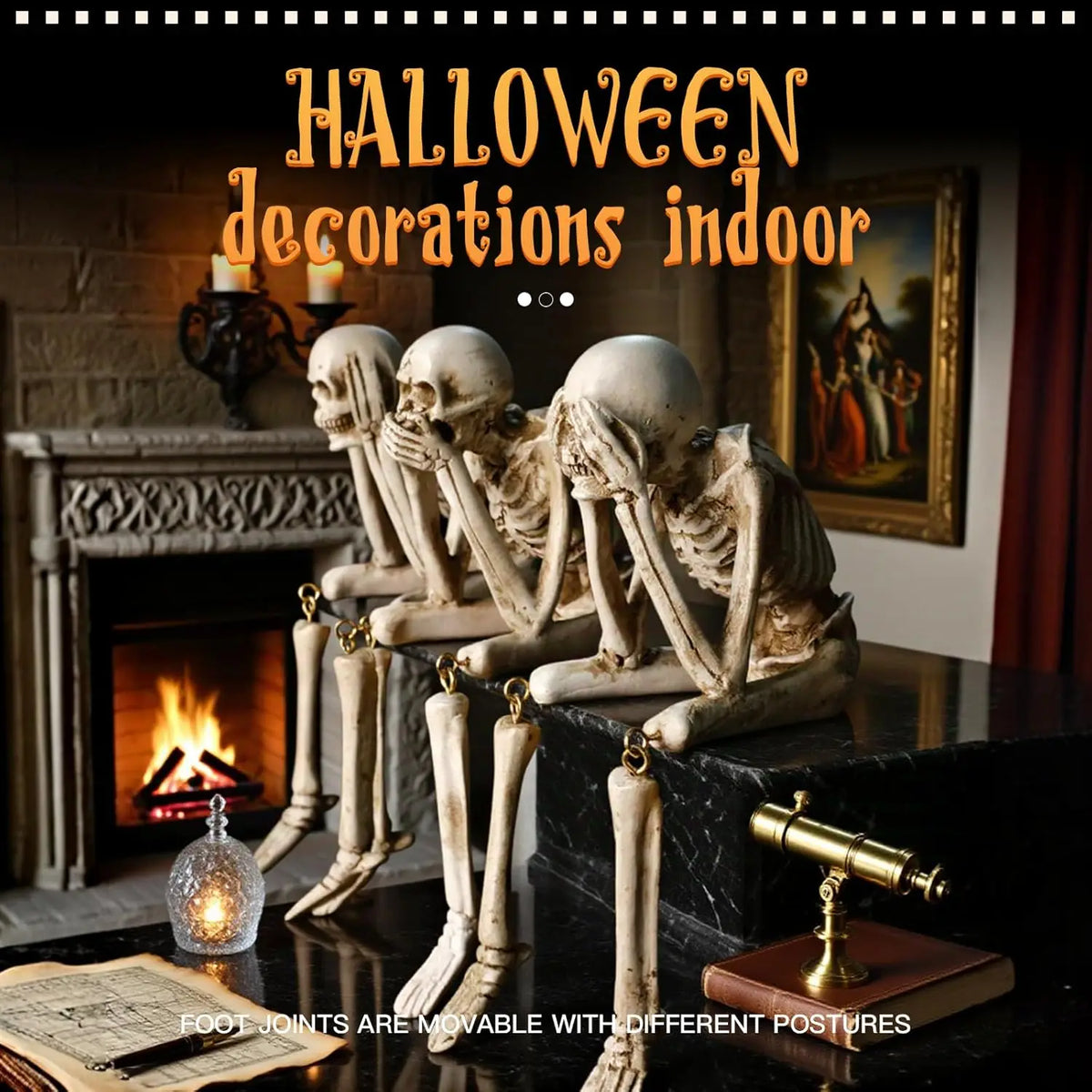 A set of realistic Halloween skeleton resin statues indoors on a black marble surface.