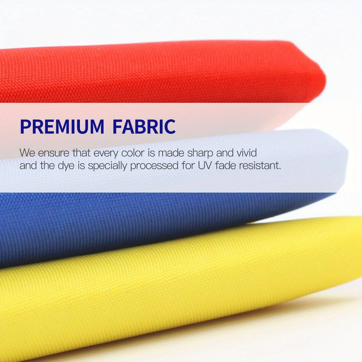Three fabric flags in red, blue, and yellow are displayed against a white background.