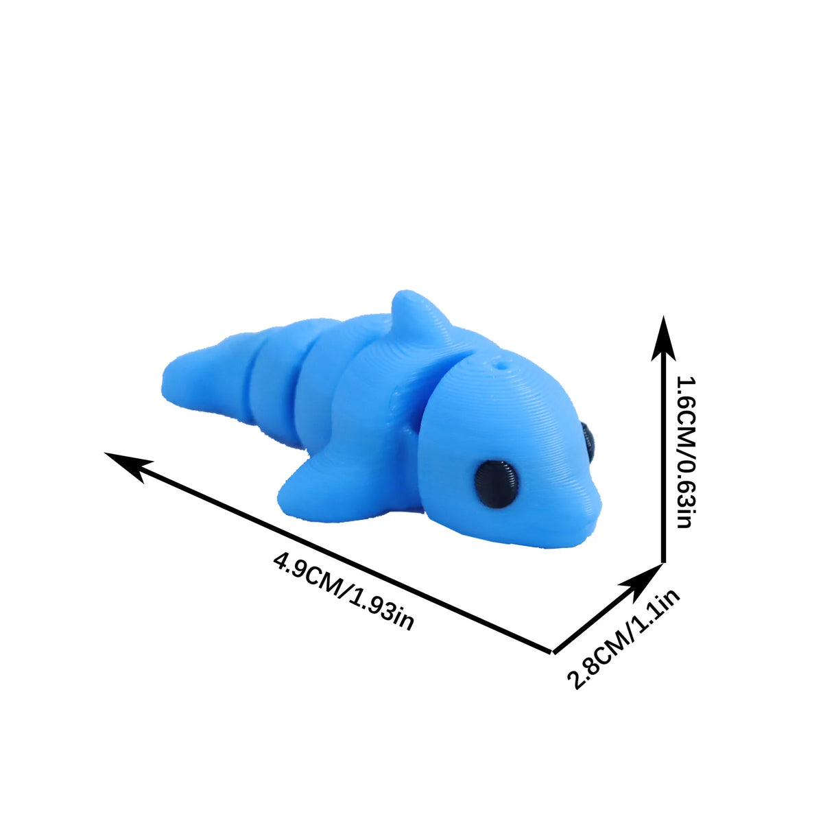 A bright blue 3D printed cartoon animal figurine resembling a stylized fish or sea creature.