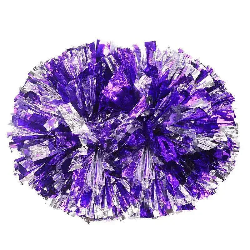 A vibrant purple and silver pom pom made of crinkled foil, designed for cheerleading.