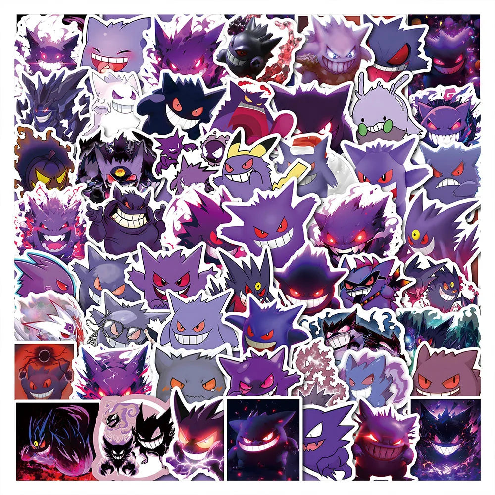 A collection of anime and cartoon character decals stickers featuring various purple, black, and pink themed figures.