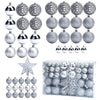 A collection of 102 silver and gold Christmas ornaments and a star tree topper set.