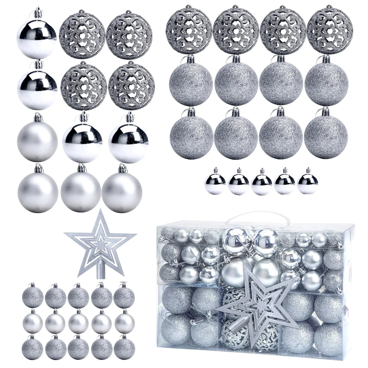 A collection of 102 silver and gold Christmas ornaments and a star tree topper set.
