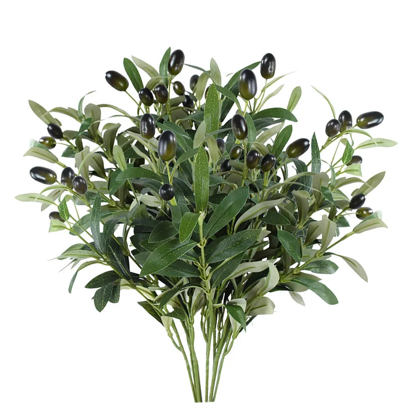 Artificial olive leaf branch with dark green leaves and small olive-colored berries for home decor