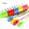 A collection of 24 colorful plastic whistles attached to lanyards in various bright colors.