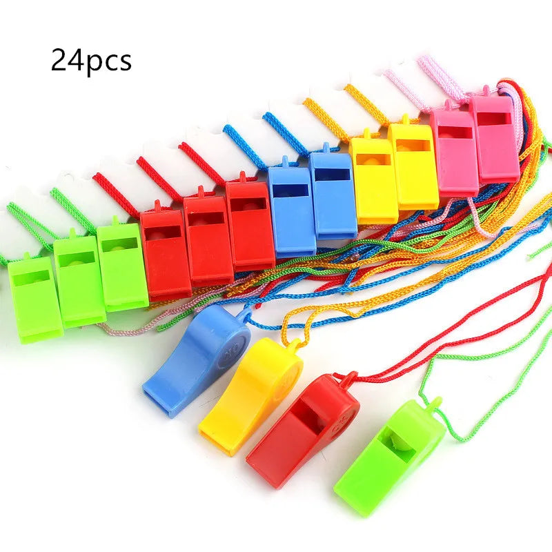 A collection of 24 colorful plastic whistles attached to lanyards in various bright colors.