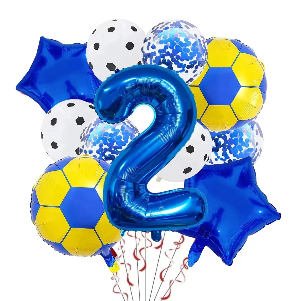 A collection of blue and yellow football-shaped helium foil balloons for birthday party decorations.