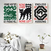 Three canvas prints featuring stylized black silhouettes of snakes with text like Nine Lives, Endless Hissing, and None Left.