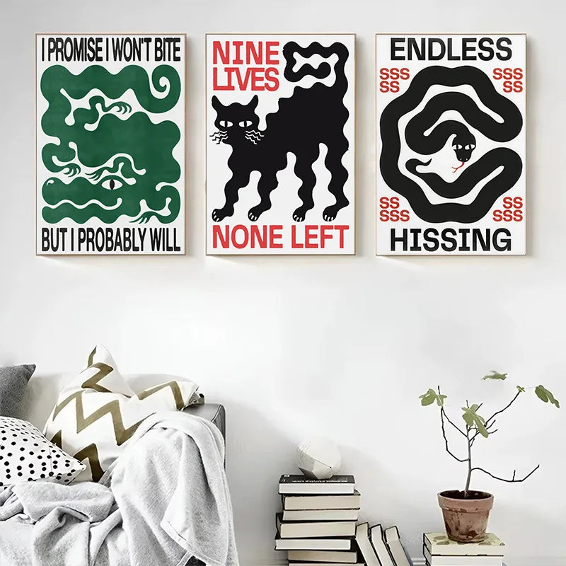 Three canvas prints featuring stylized black silhouettes of snakes with text like Nine Lives, Endless Hissing, and None Left.