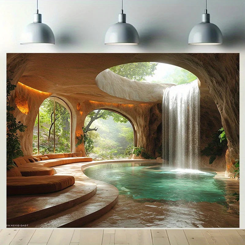 A luxurious indoor space featuring a natural cave-like environment with an arched water feature and lush greenery.