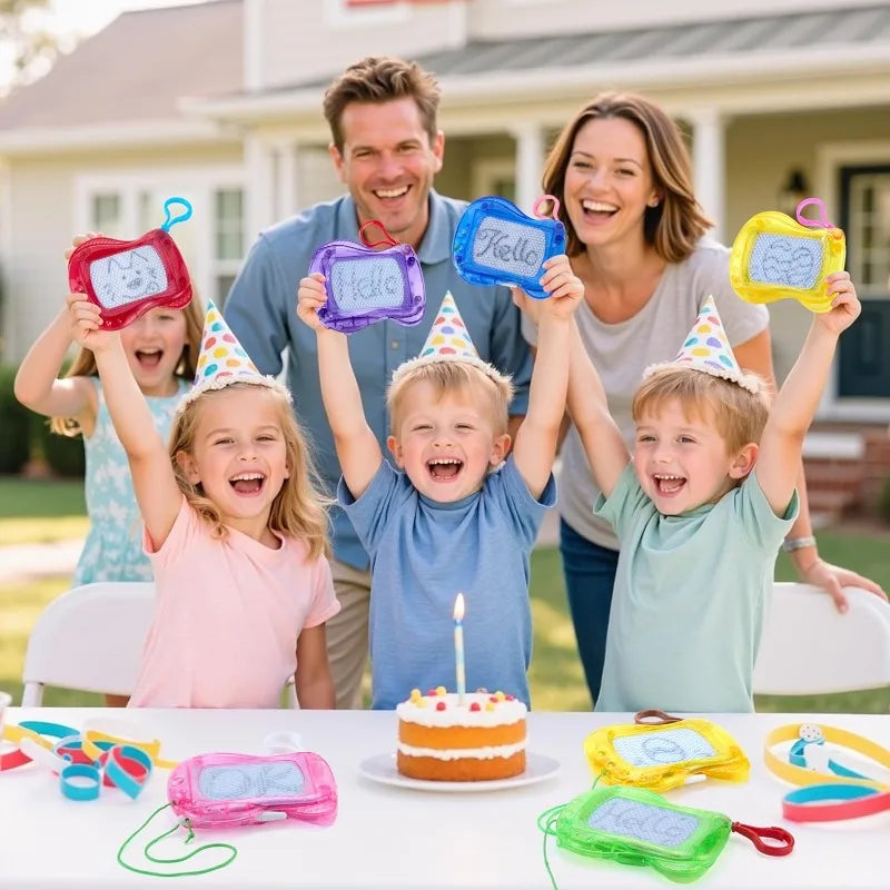 A family celebrates with a set of mini magnetic drawing boards and keychains on a white table.