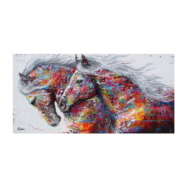 A vibrant, impressionistic painting of two horses galloping, rendered in bright reds, oranges, and blues on canvas.