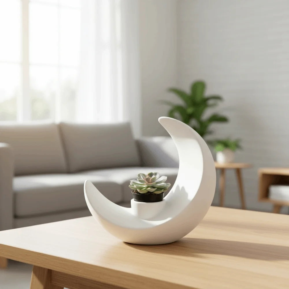 A white, modern moon-shaped decorative vase sits on a light wooden table next to a sofa and indoor plant.