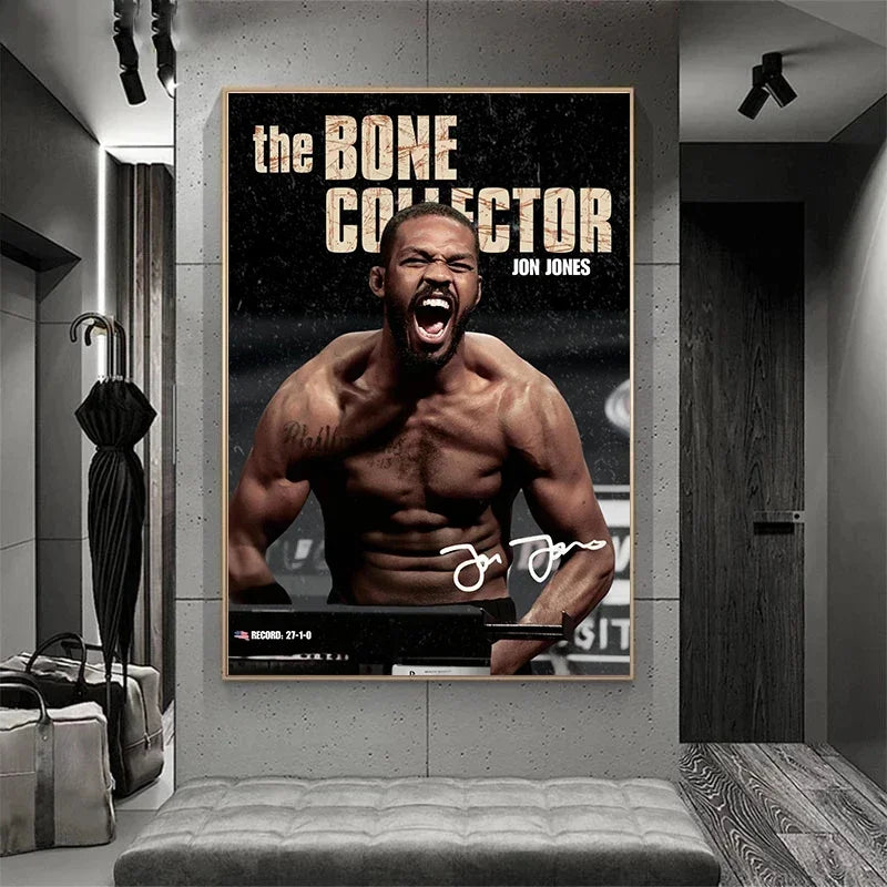 Wall art featuring a muscular man with an intense expression titled The Bone Collector by Jon Jones