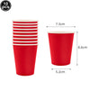 A stack of ten red disposable paper cups, showing the individual cup dimensions.