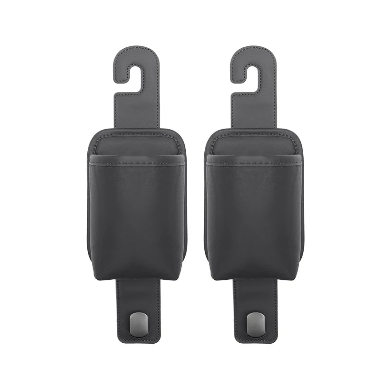 A pair of black universal car seat back organizer and headrest hangers.