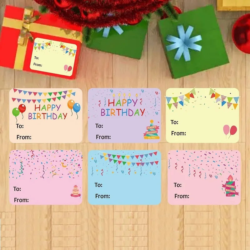 A collection of colorful birthday and party favor tags in various shapes and designs, including gift boxes and cards.