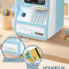 Une tirelire technologie distributeur automatique bleu clair avec reconnaissance faciale et compartiment de carte sur une sur
