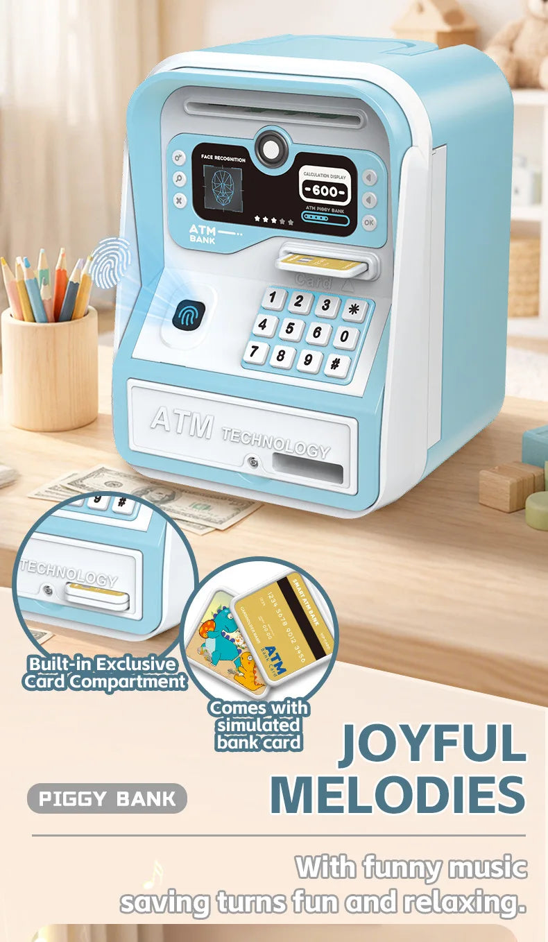 Une tirelire technologie distributeur automatique bleu clair avec reconnaissance faciale et compartiment de carte sur une sur