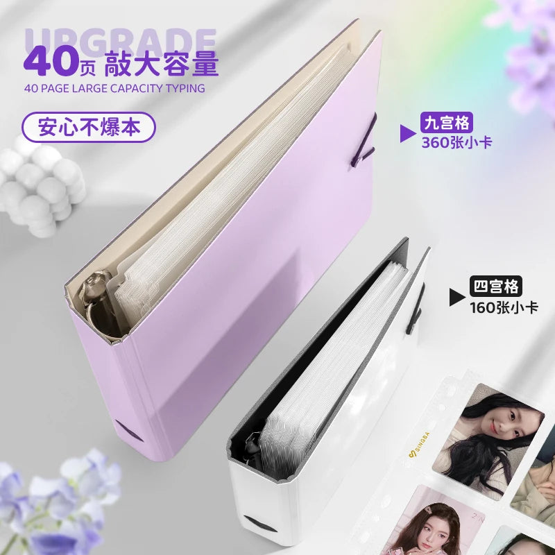 A pink A5/A4 ring binder for trading cards and photos, showing various capacity options.