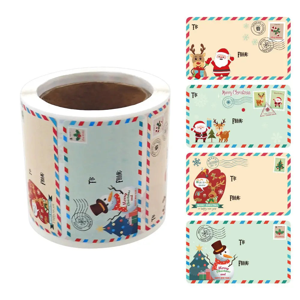 A roll of Christmas gift tags stickers featuring Santa and reindeer designs on a white background.