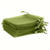 A stack of olive green drawstring organza bags for gifts or decorations.
