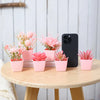 A set of six pink artificial succulent plants in small pots displayed on a wooden table next to a black smartphone.