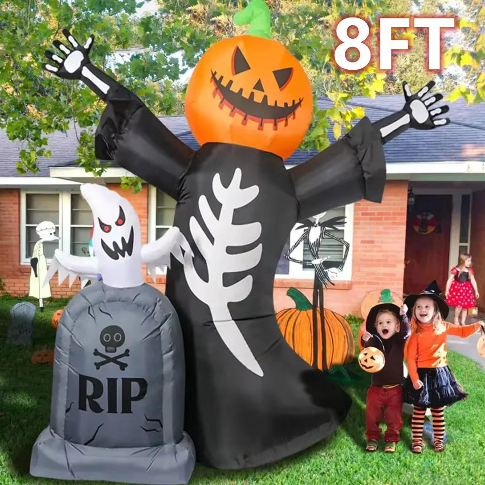 An inflatable Halloween decoration featuring a black ghost and an orange pumpkin, designed for outdoor display.